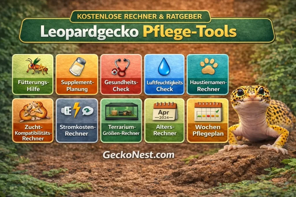Leopardgecko Rechner und Pflege Tools Übersicht – Fütterung, Supplemente, Gesundheits Check, Luftfeuchtigkeit, Terrarium, Stromkosten und Pflegeplan von GeckoNest