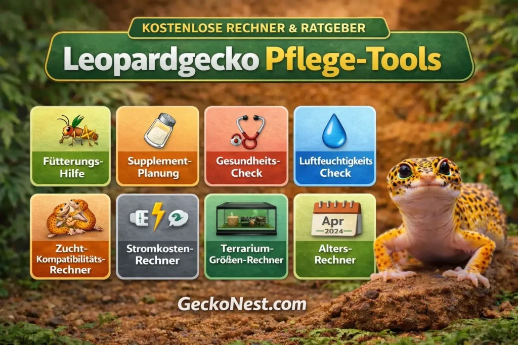 Leopardgecko Pflege Tools und kostenlose Rechner von GeckoNest für Fütterung, Supplements, Gesundheit, Luftfeuchtigkeit, Zucht und Terrarium Setup