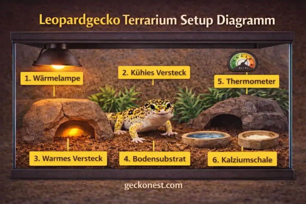 Leopardgecko Terrarium Einrichtung Diagramm mit Wärmelampe, warmem Versteck, kühlem Versteck, Thermometer, Bodensubstrat und Kalziumschale