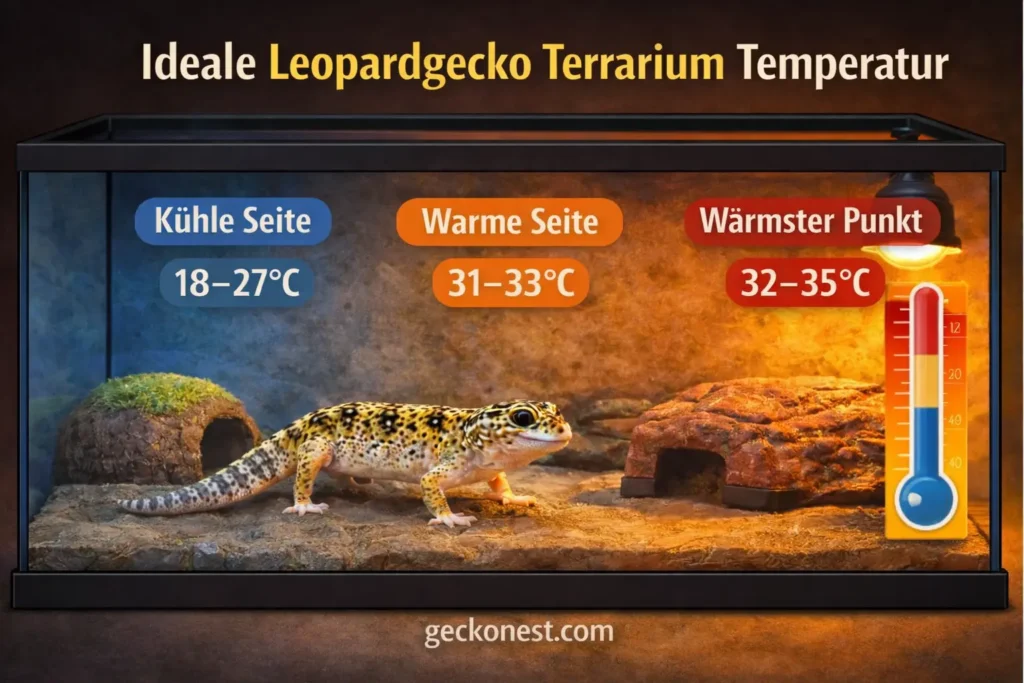 Ideale Leopardgecko Terrarium Temperatur mit kühler Seite, warmer Seite und wärmstem Punkt im Terrarium