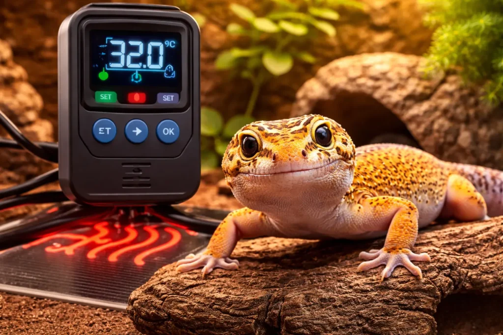 Leopardgecko neben einem Thermostat und Heizmatte im Terrarium zur Temperaturkontrolle
