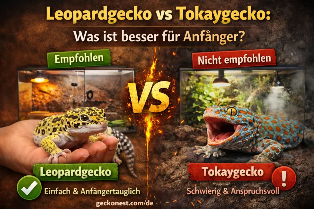 leopardgecko vs tokaygecko beginner comparison showing easy beginner friendly leopard gecko and difficult aggressive tokay gecko with geckonest.com/de branding