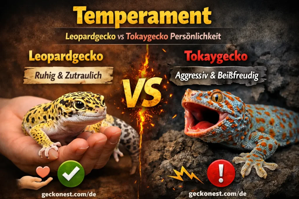 leopardgecko vs tokaygecko care difficulty comparison showing beginner friendly leopard gecko setup and advanced tokay gecko terrarium with geckonest.com/de branding