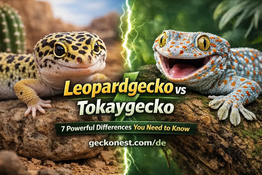 Leopardgecko vs Tokaygecko comparison image showing a calm leopard gecko and an aggressive tokay gecko with geckonest.com/de branding