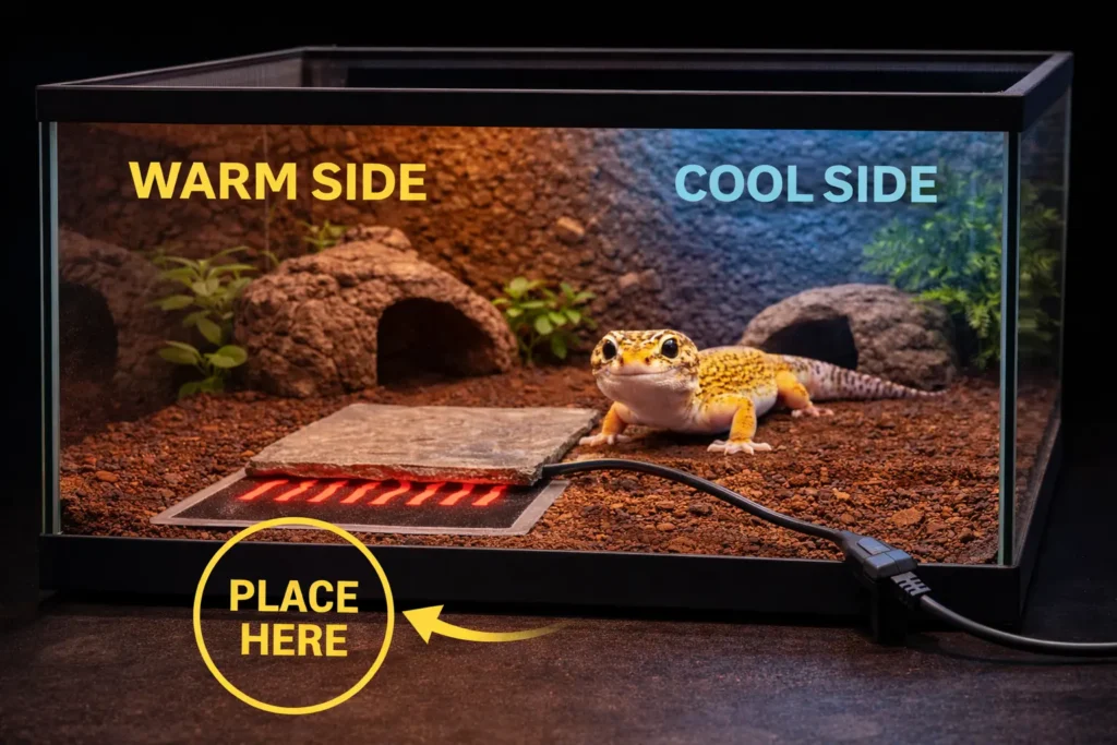 termostato para gecko leopardo con manta térmica colocada bajo el lado cálido del terrario