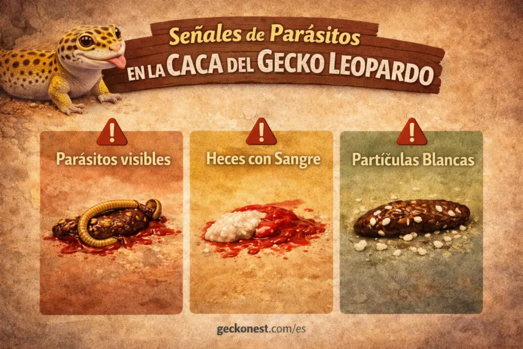 señales de parásitos en la caca del gecko leopardo como sangre partículas blancas o parásitos visibles