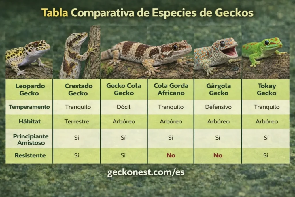 tabla comparativa de tipos de geckos gecko leopardo crestado cola gorda africano gargola tokay y gecko diurno