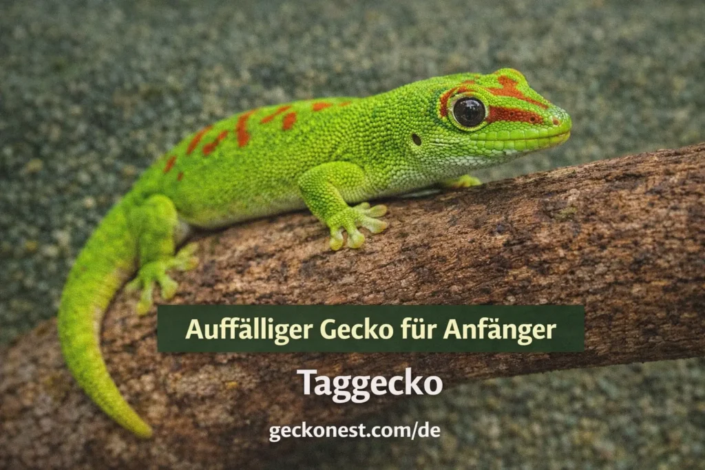 taggecko auf einem ast leuchtend gruener gecko mit roten flecken