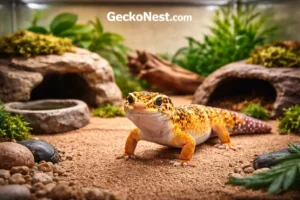 gecko leopardo dentro de un terrario natural con refugios y sustrato desértico