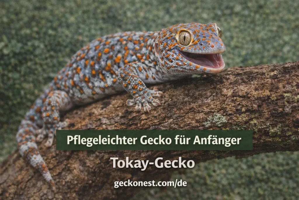 tokay gecko auf einem ast auffällige blaue geckoart mit orangefarbenen flecken