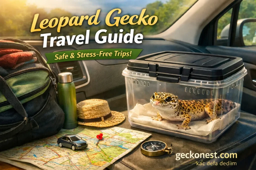 traveling with a leopard gecko safely in a ventilated transport container during a car trip