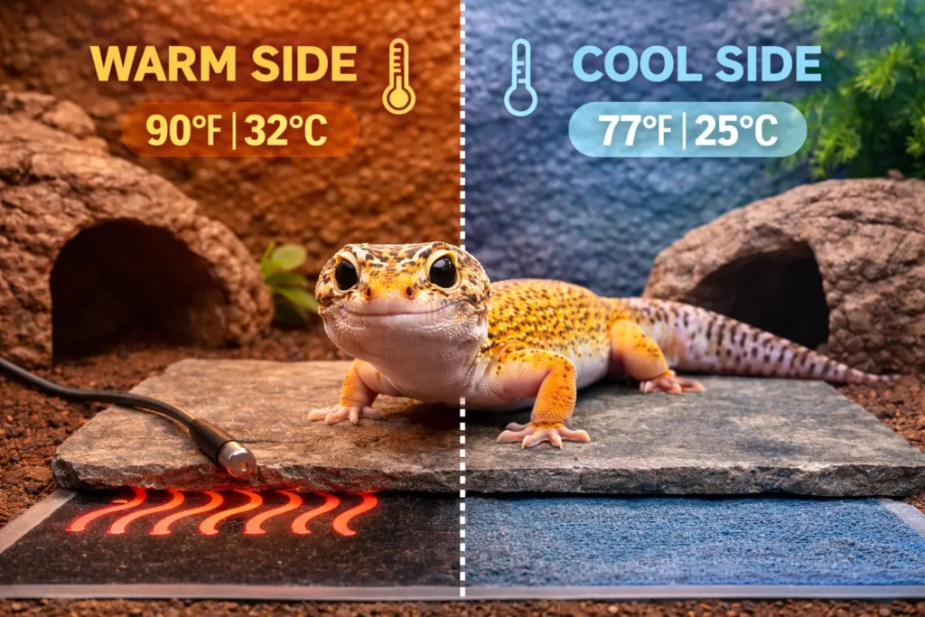 termostato para gecko leopardo mostrando zonas de temperatura lado cálido y lado frío en el terrario