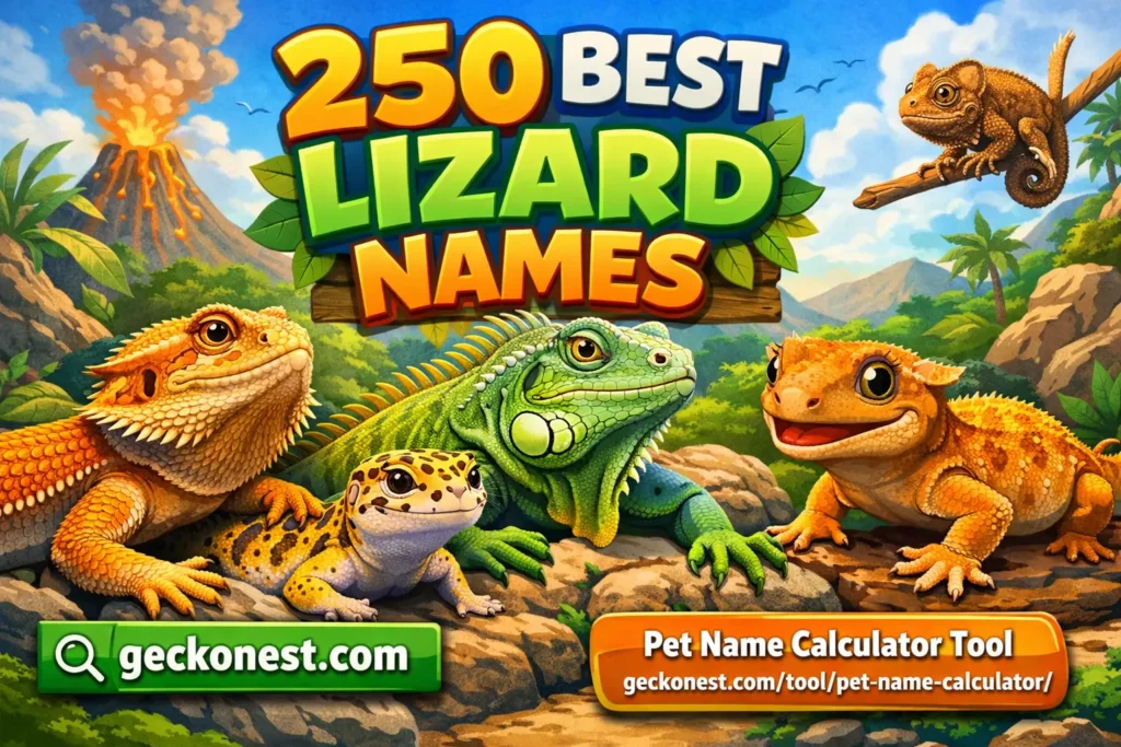 250 best lizard names hero image featuring gecko, bearded dragon, iguana and pet name calculator tool from GeckoNest