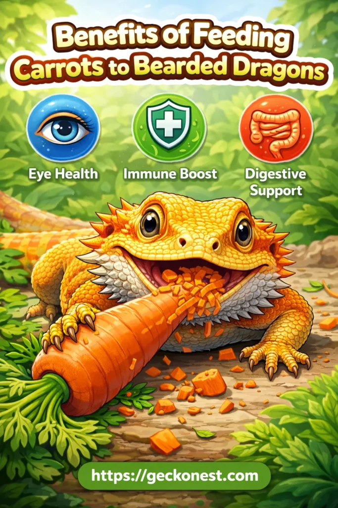 Educational image showing a bearded dragon eating carrots with benefits icons for eye health, immune boost, and digestive support, plus GeckoNest.com branding.