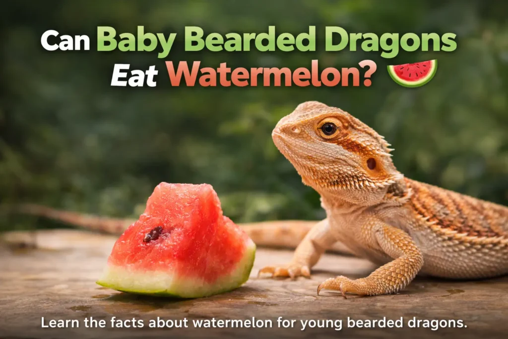 Young baby bearded dragon looking at a slice of watermelon with headline can baby bearded dragons eat watermelon.