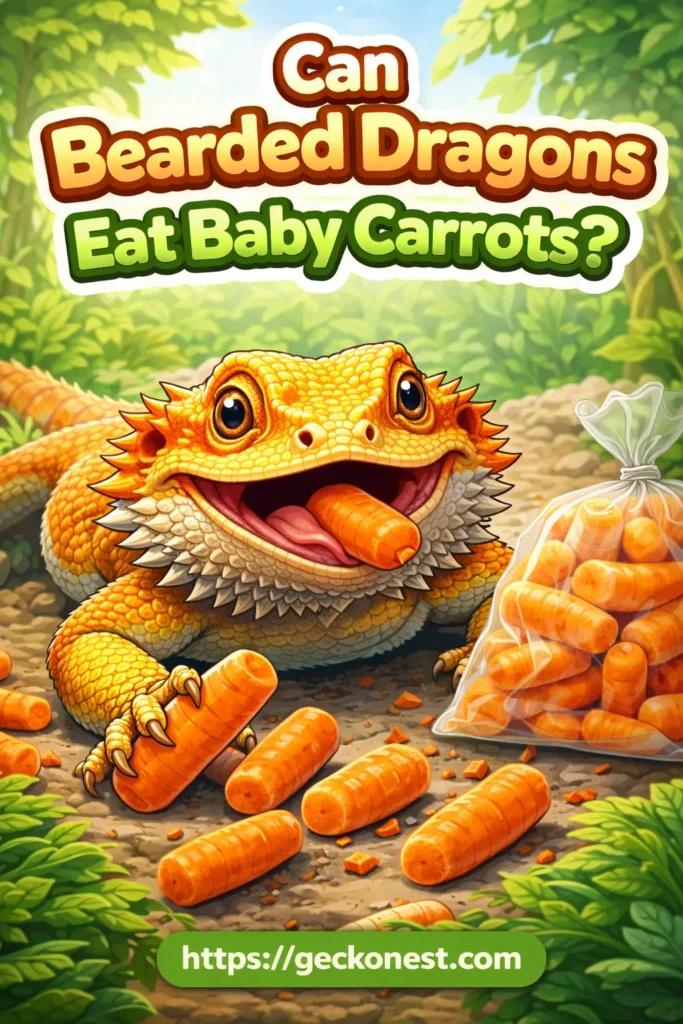 Bright educational image showing a bearded dragon surrounded by baby carrots with the question can bearded dragons eat baby carrots and GeckoNest.com branding.