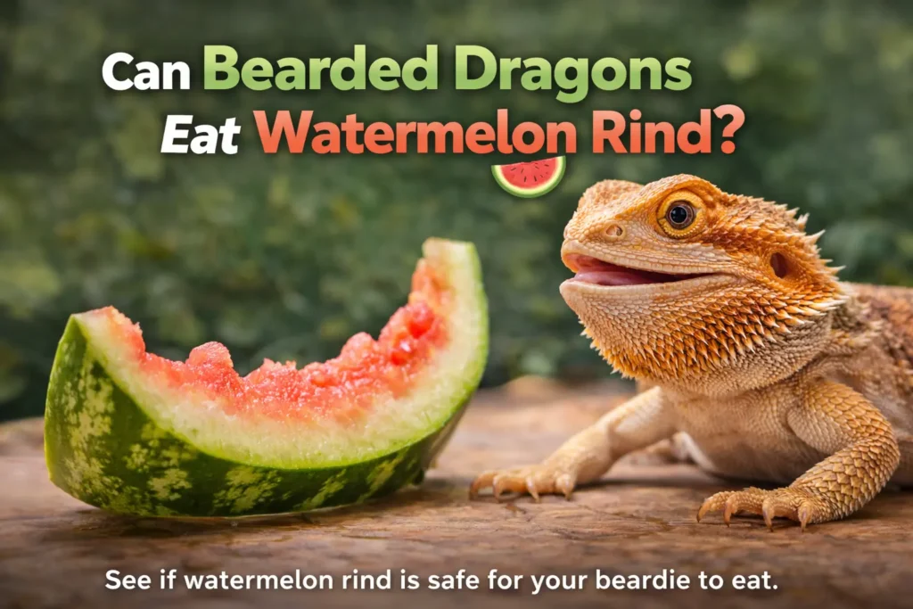 Adult bearded dragon beside a watermelon rind with headline can bearded dragons eat watermelon rind.