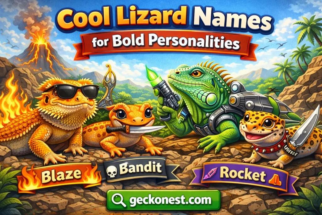 cool lizard names for bold personalities image with stylish gecko and reptile characters named Blaze Bandit and Rocket