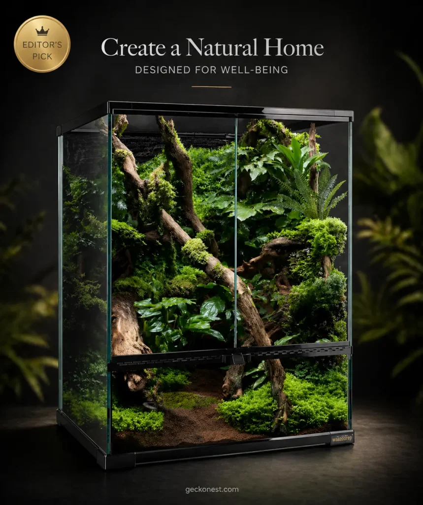 Premium reptile terrarium with lush rainforest setup, editor’s pick badge, and modern luxury presentation