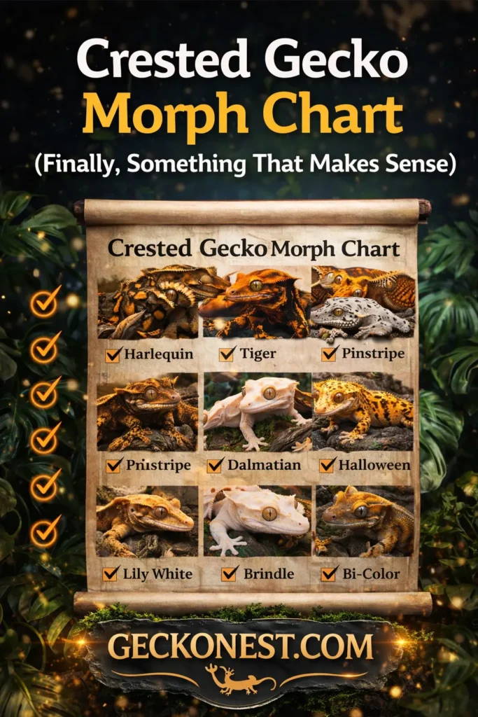crested gecko morph chart showing different types including harlequin tiger pinstripe dalmatian and lily white morphs