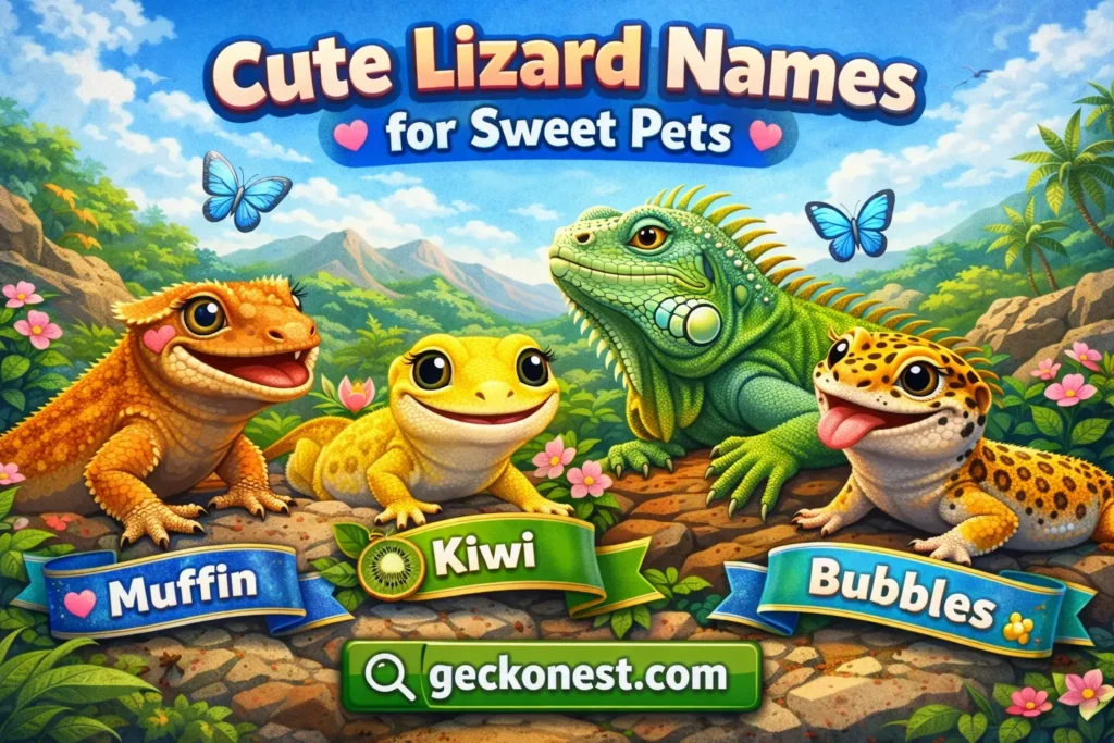 cute lizard names for sweet pets image with adorable gecko and lizard characters featuring Muffin Kiwi and Bubbles