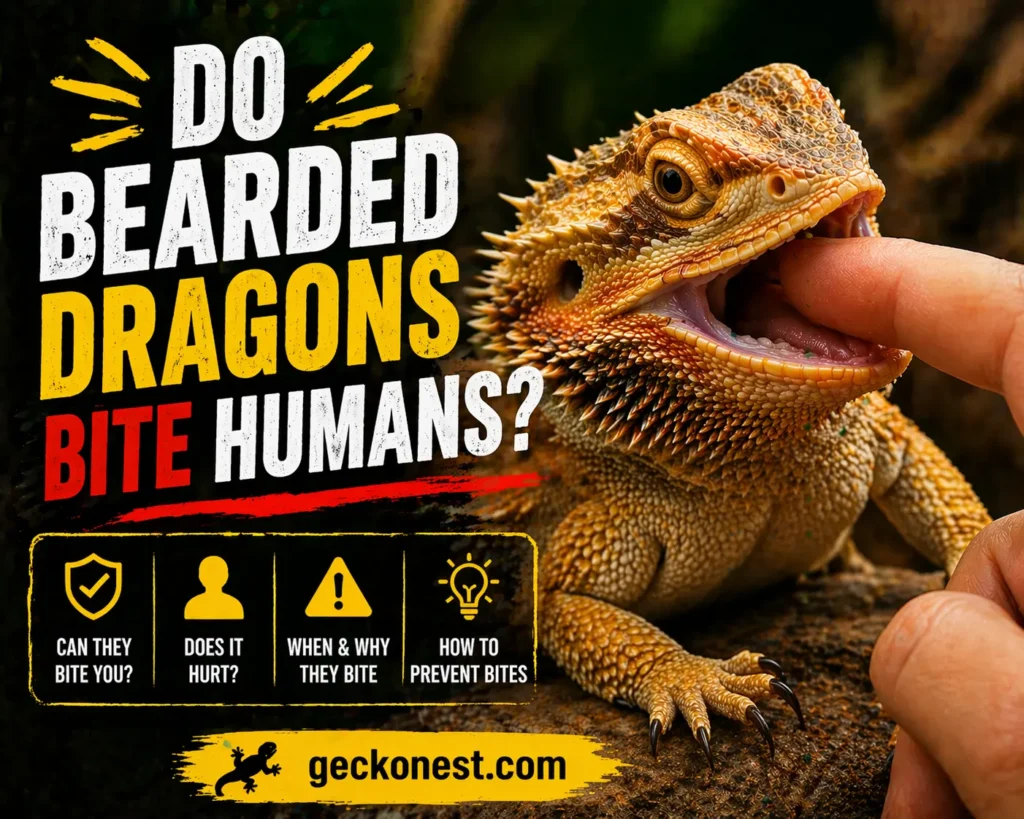 Bearded dragon biting a human finger with bold text asking do bearded dragons bite humans and showing bite prevention tips.