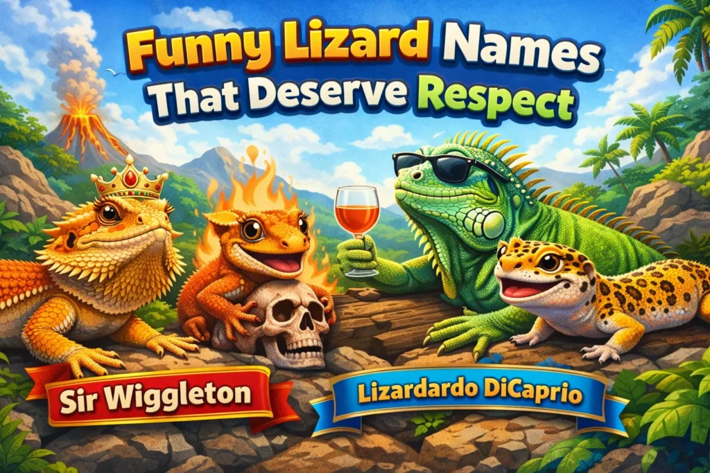 funny lizard names image with humorous reptiles including Sir Wiggleton and Lizardardo DiCaprio