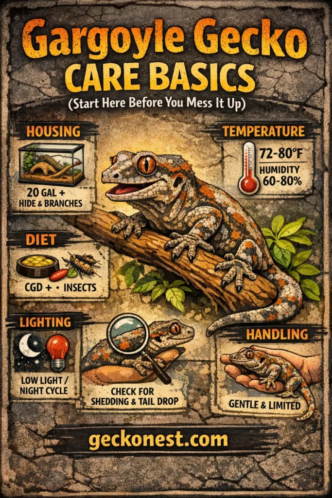 Gargoyle gecko care infographic showing tank setup, temperature 72–80°F, humidity 60–80%, diet with insects and CGD, low lighting cycle, and gentle handling tips with geckonest.com text