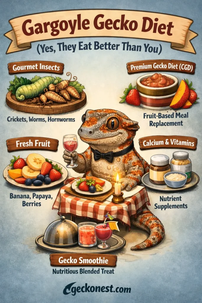 Gargoyle gecko diet infographic showing insects like crickets and worms, fruit-based CGD meal, fresh fruits such as banana and berries, calcium and vitamin supplements, and a humorous gecko eating at a table with geckonest.com branding