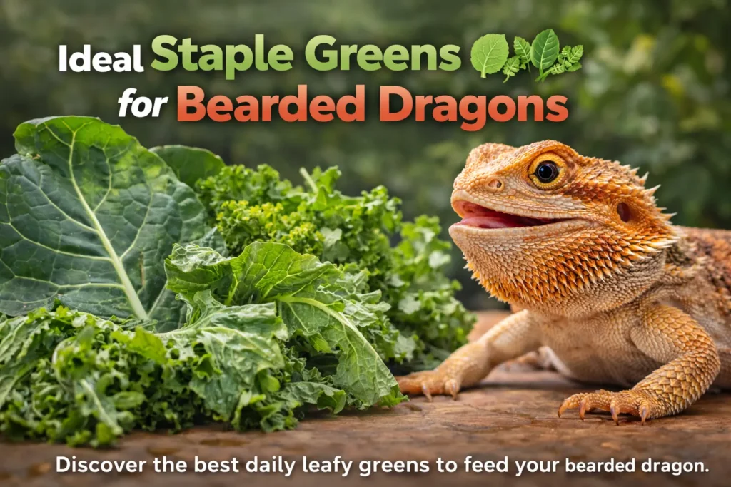 Healthy adult bearded dragon beside fresh collard greens and leafy vegetables with headline ideal staple greens for bearded dragons.
