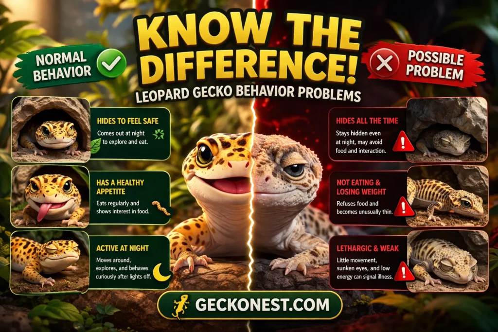 leopard gecko behavior problems normal vs abnormal signs infographic healthy vs unhealthy gecko behavior guide
