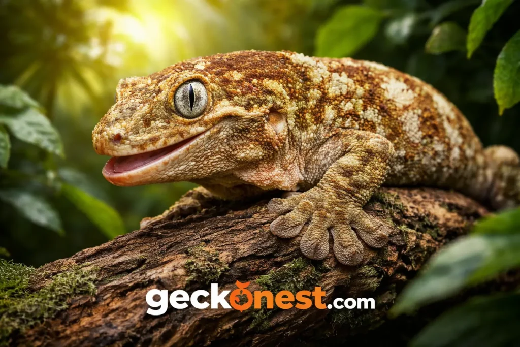 leachie gecko perched on branch close up giant new caledonian gecko hero image
