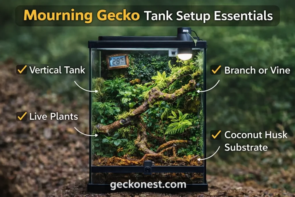 mourning gecko tank setup essentials vertical enclosure plants branches substrate