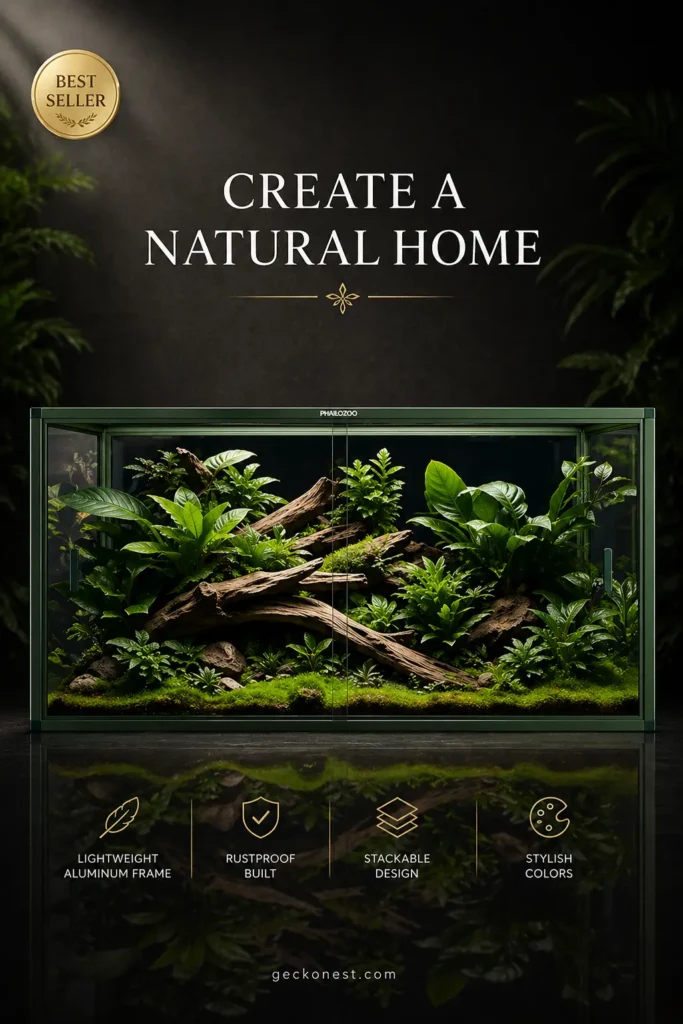 Phailozoo 120 gallon terrarium best seller badge with natural planted setup and premium glass enclosure in dark studio background