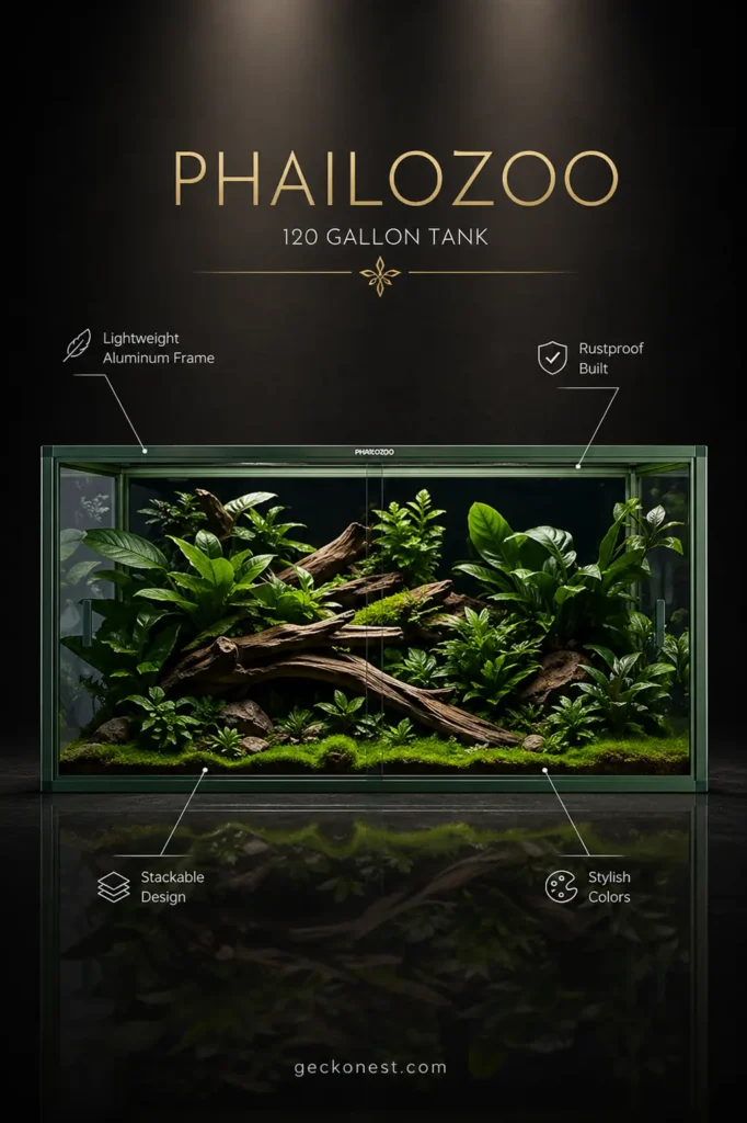 Phailozoo 120 gallon terrarium premium choice badge with elegant glass enclosure and lush natural interior setup