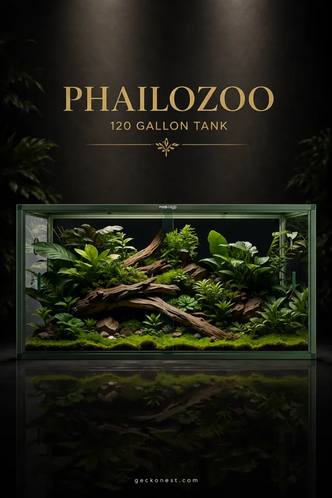Phailozoo 120 gallon terrarium with lightweight aluminum frame, rustproof build, stackable design and stylish colors in premium studio lighting