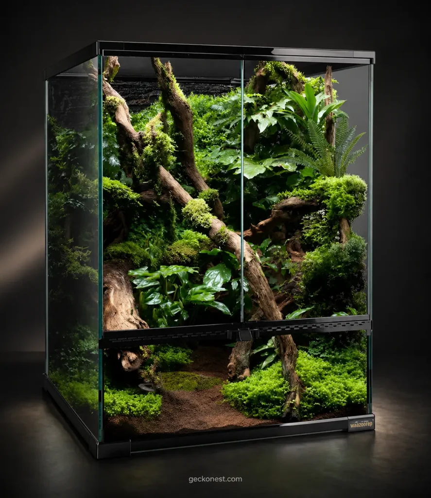 Luxury glass reptile terrarium with tropical plants, natural wood branches, and moss in a premium studio setting