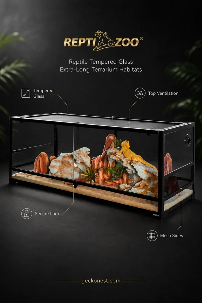 Luxury reptile terrarium by Repti Zoo with tempered glass and premium habitat interior in a dark studio setting
