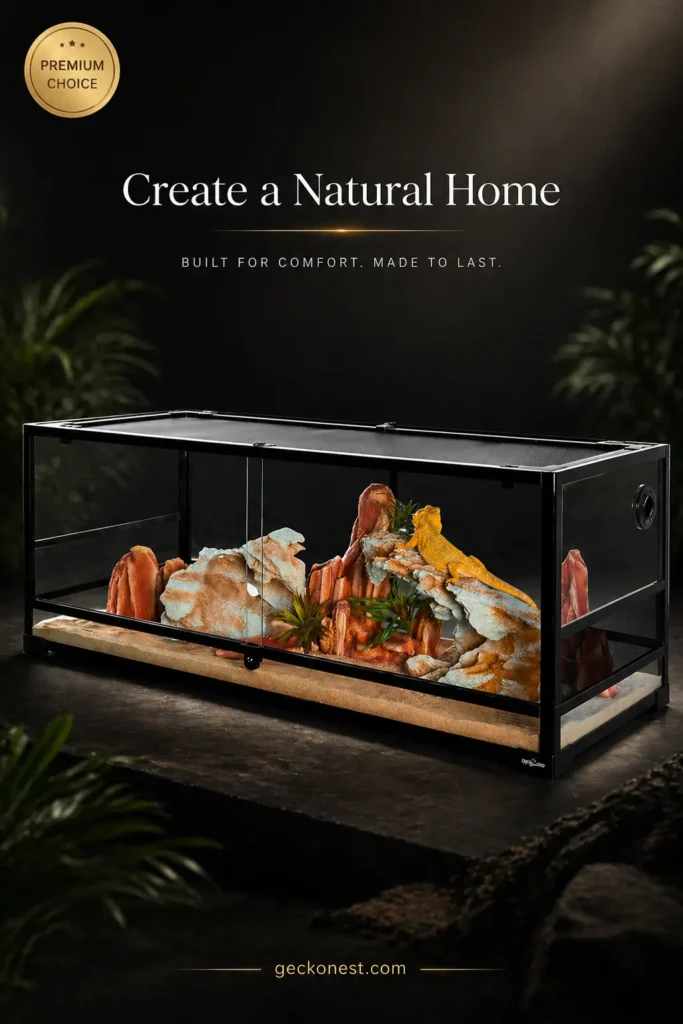 Reptile terrarium with tempered glass, mesh ventilation, secure lock system and modern design