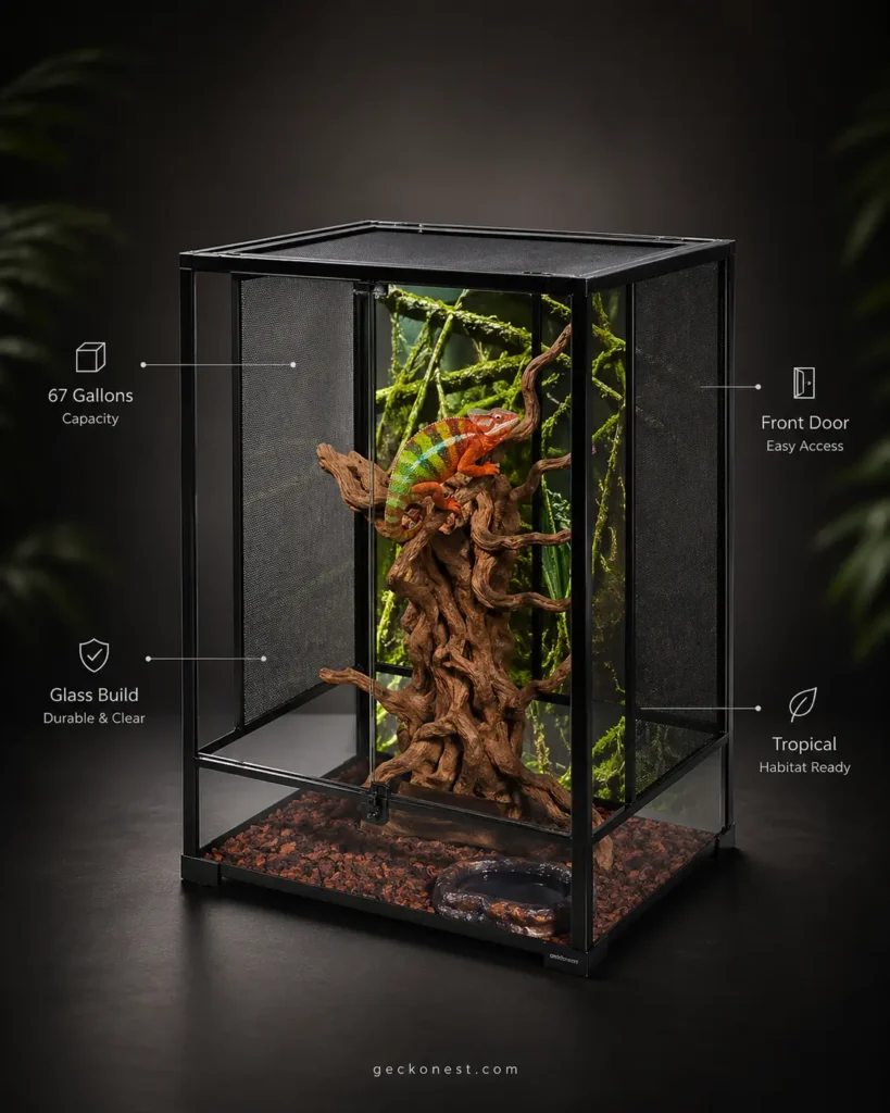 reptile terrarium with ventilation system and front opening doors
