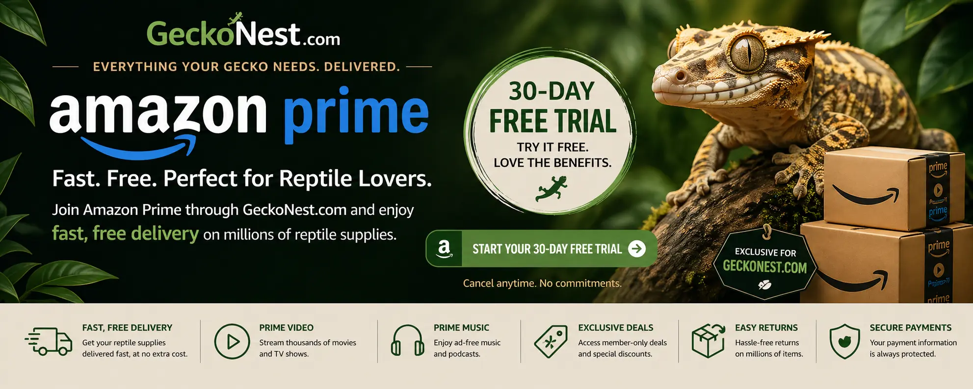 Amazon Prime 30-day free trial for gecko supplies, reptile products, and terrarium essentials on GeckoNest