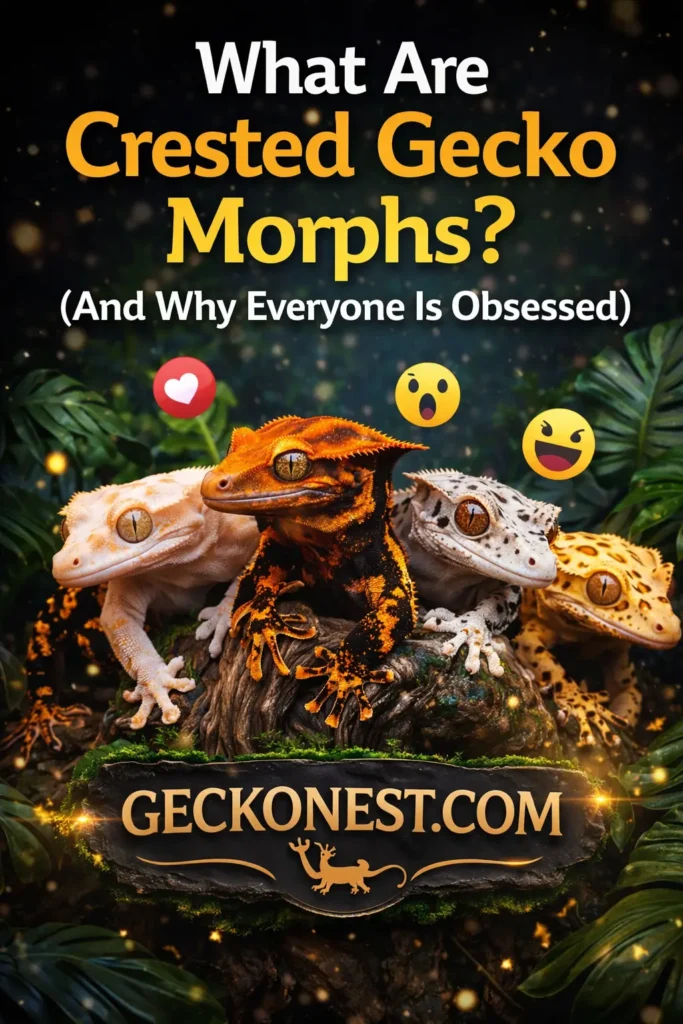 crested gecko morphs showing different colors patterns and genetic variations with multiple geckos in a natural jungle setting