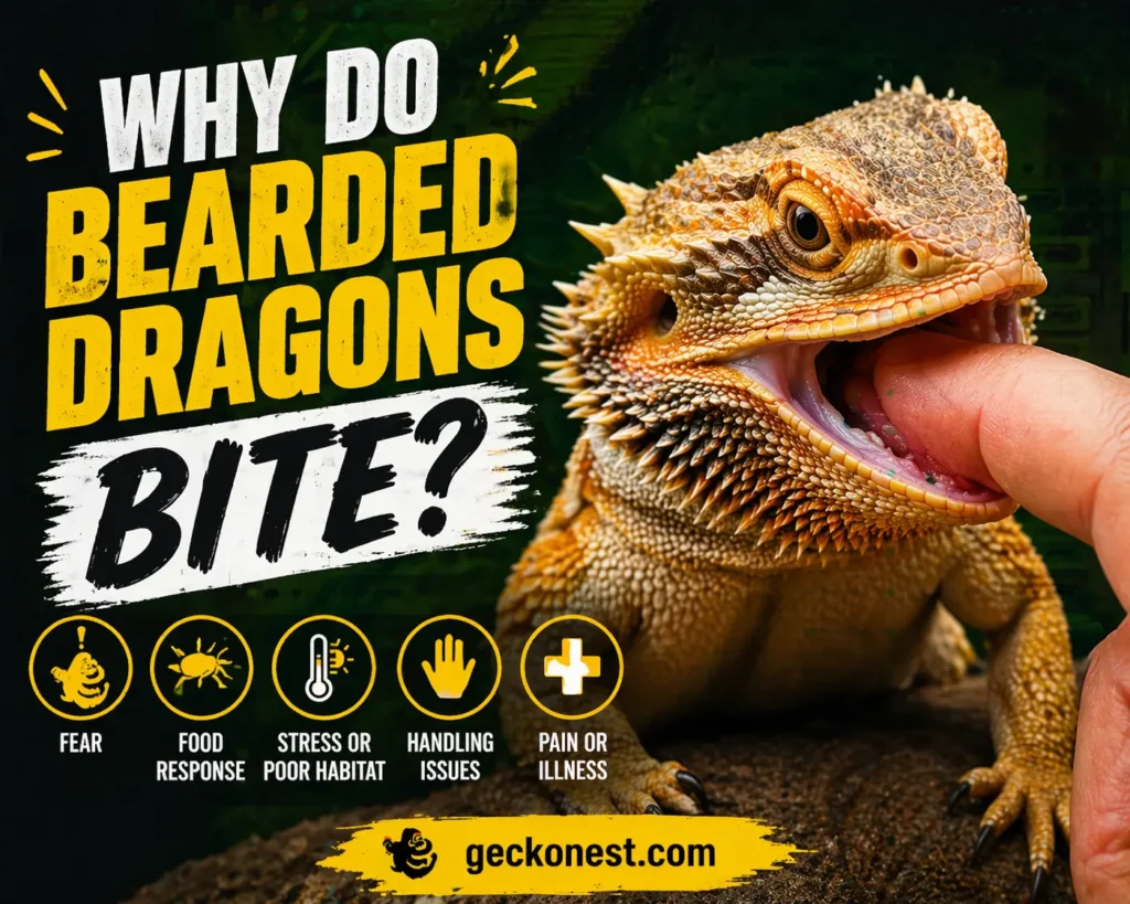 Bearded dragon biting a human finger with text explaining why do bearded dragons bite including stress, food response, habitat, and handling issues.