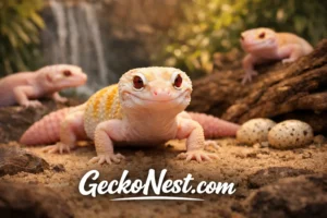 albino leopard gecko close up in natural terrarium environment with soft lighting