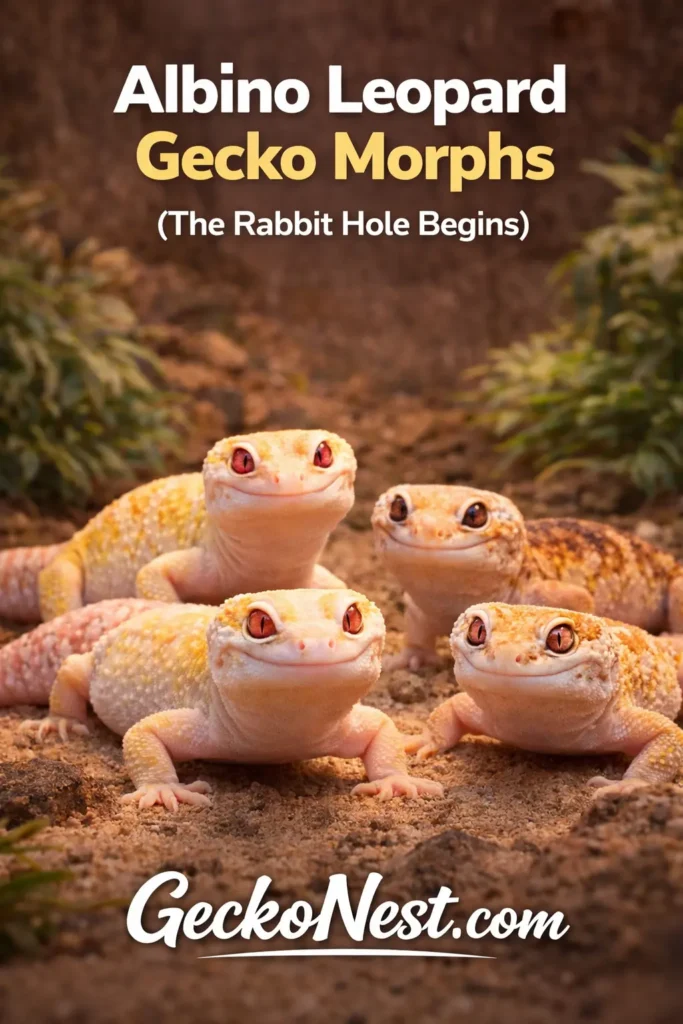 albino leopard gecko morphs showing different color variations in natural terrarium setup