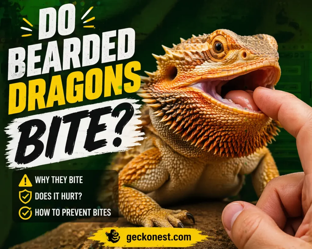 Bearded dragon biting a human finger with bold text asking do bearded dragons bite and prevention tips on GeckoNest.