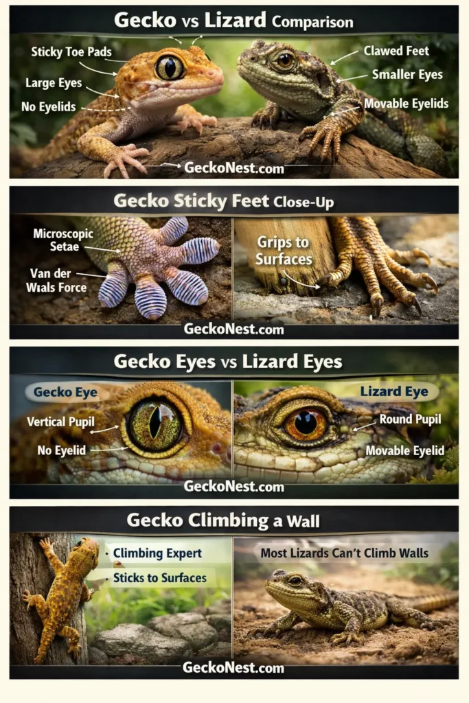 gecko vs lizard infographic comparing feet eyes climbing and physical differences