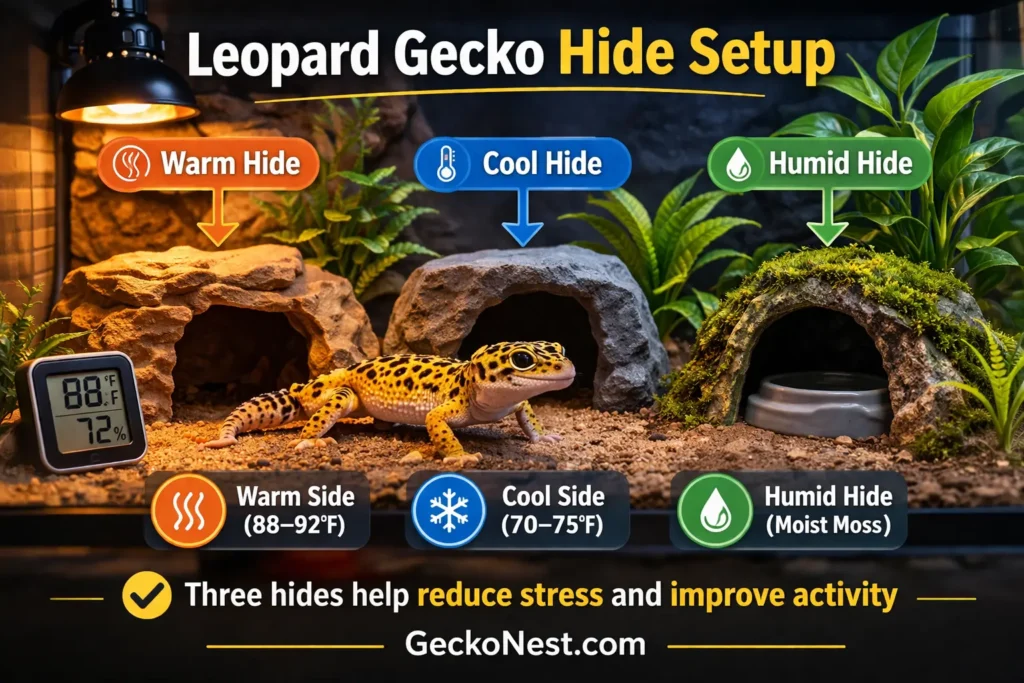 leopard gecko enclosure with warm cool humid hides