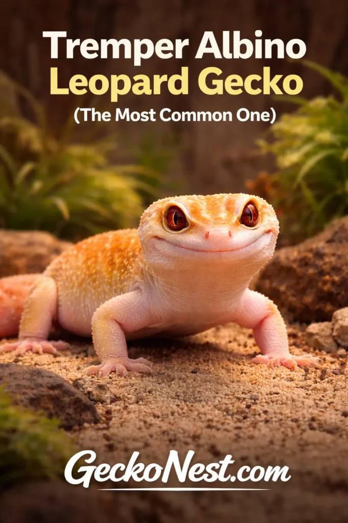 tremper albino leopard gecko close up in natural terrarium with soft warm lighting